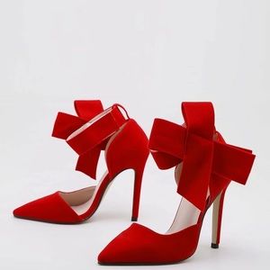 Point Toe Bow Ankle Strap Stiletto Heels